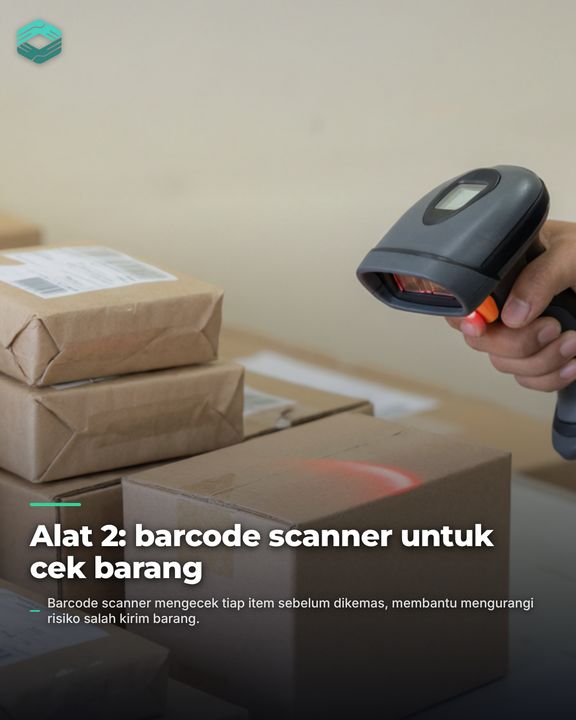 Slide 4 of 5: a barcode scanner over parcels, Indonesian headline "Alat 2: barcode scanner untuk cek barang" (Tool 2: a barcode scanner to check items)