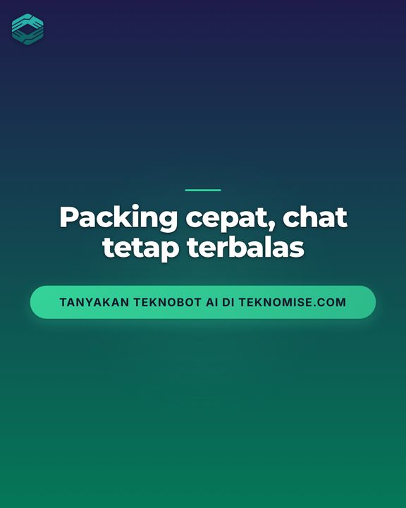Slide 5 of 5: closing slide with the Indonesian line "Packing cepat, chat tetap terbalas" (Fast packing, chats still answered) and a call-to-action button