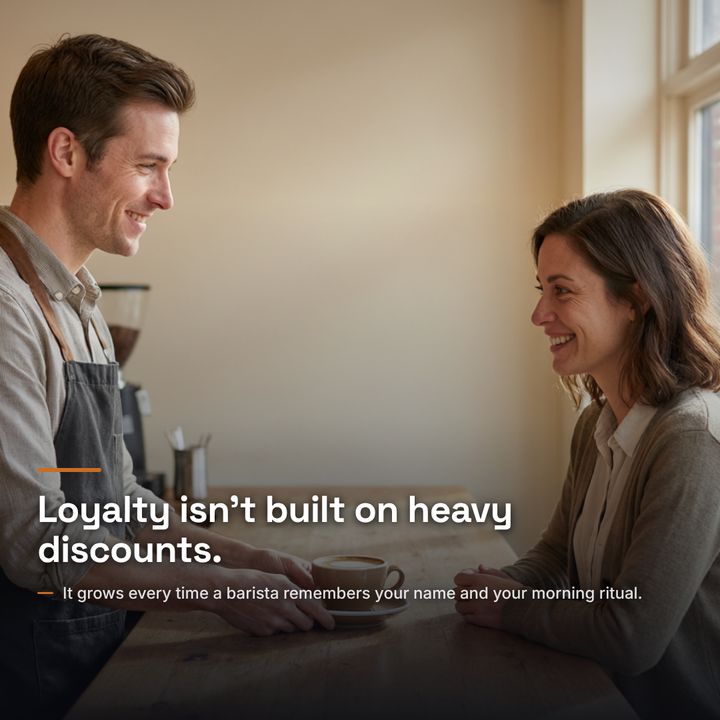 A barista serving coffee to a smiling customer, headline "Loyalty isn’t built on heavy discounts."
