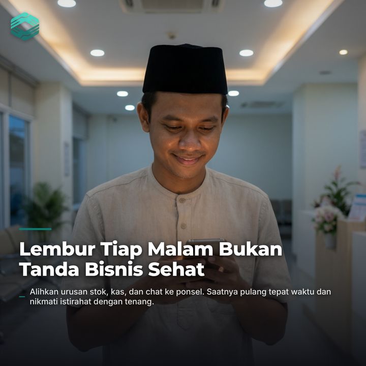 Pria berpeci tersenyum menatap ponsel di lobi, judul "Lembur Tiap Malam Bukan Tanda Bisnis Sehat"